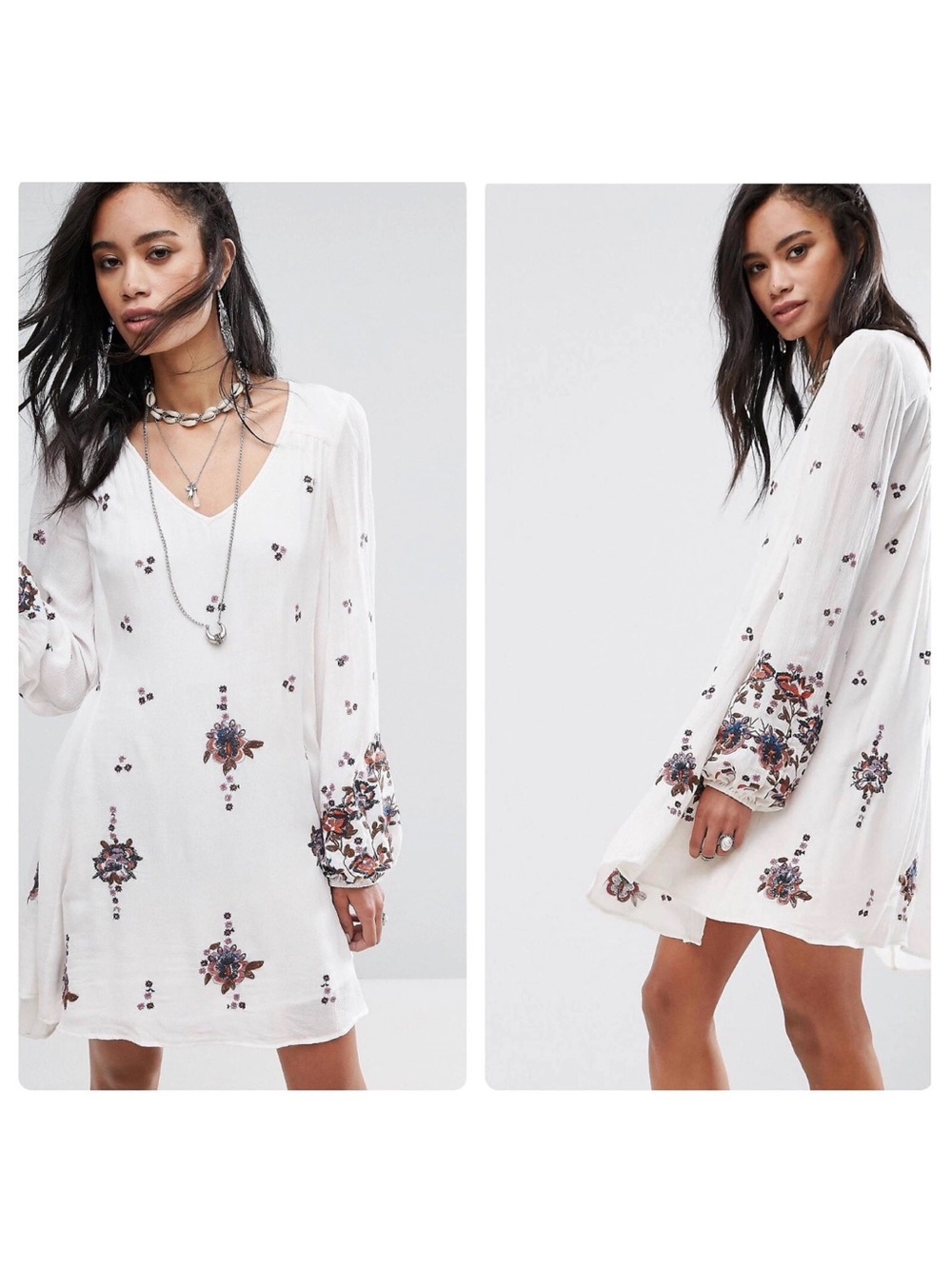 Free People White Embroidered  Floral Long-Sleeve V-Neck Mini Dress